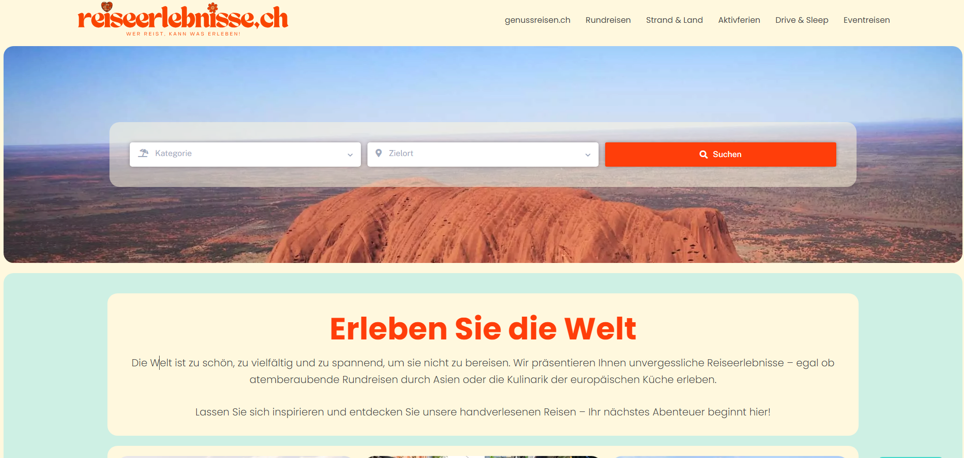 Screenshot von der aktuellen Reiseerlebnisse Webseite