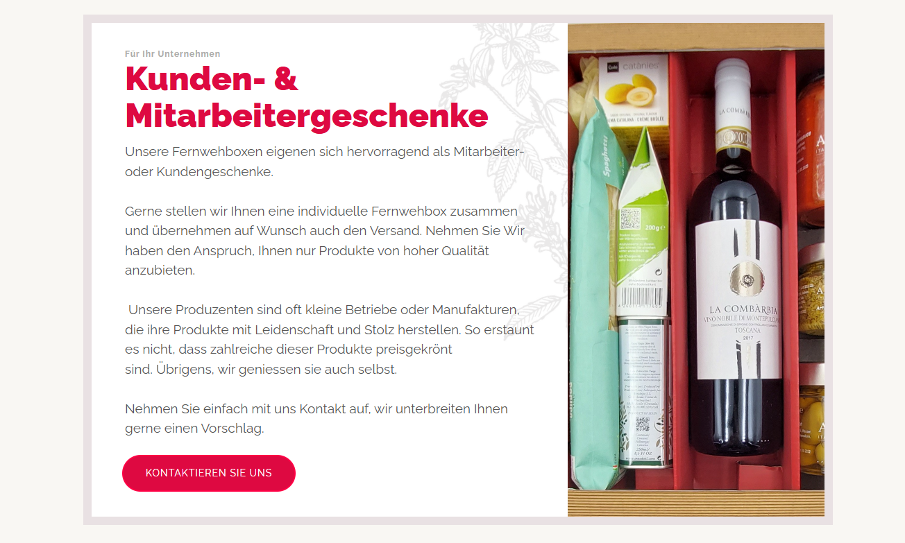 Screenshot der Fernwehbox Webseite - Kunden- & Mitarbeitergeschenke