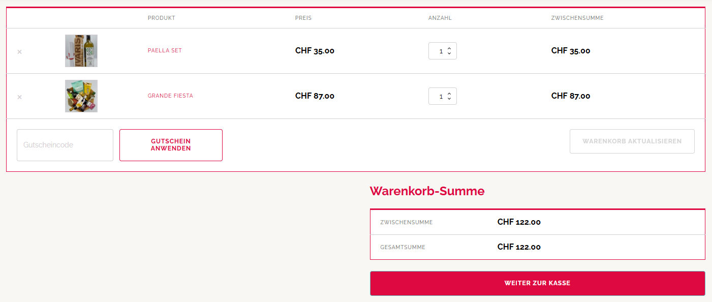Screenshot der Fernwehbox Webseite - Warenkorb